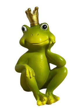 Frog Prince Figurine With Gold Crown Whimsical Green Resin Decor